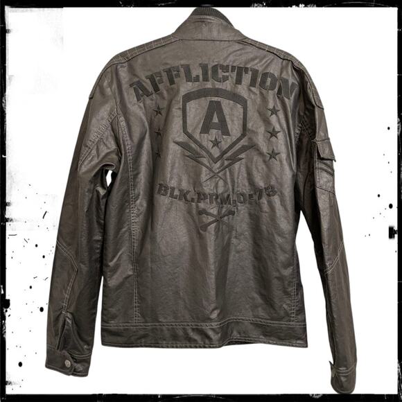 AFFLICTION Black Premium 73 Vegan Leather Zip Up Moto Jacket Zipper Pockets L - Picture 4 of 11